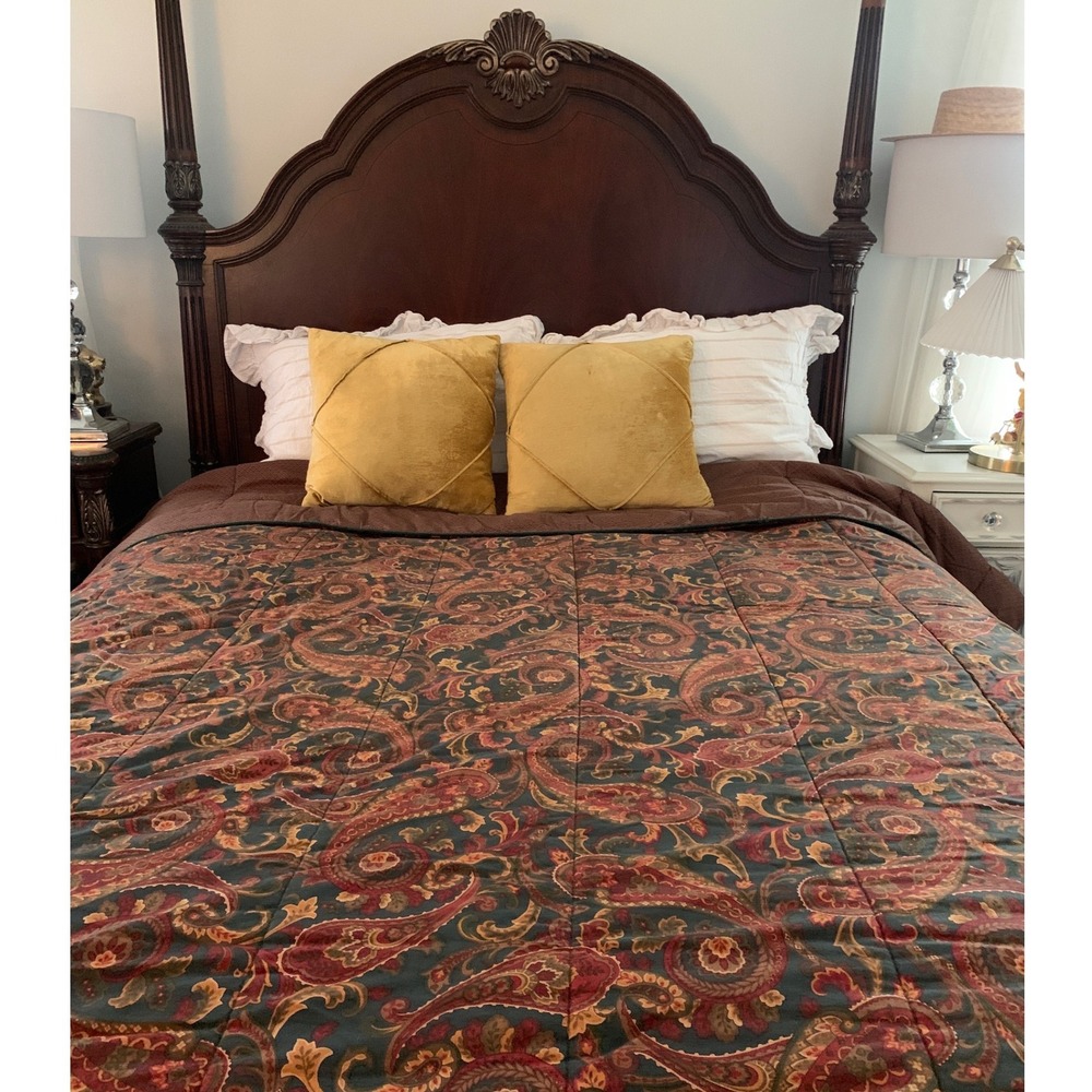 Croscill Vintage Paisley Comforter Green Burgundy Red Reversible Made in USA